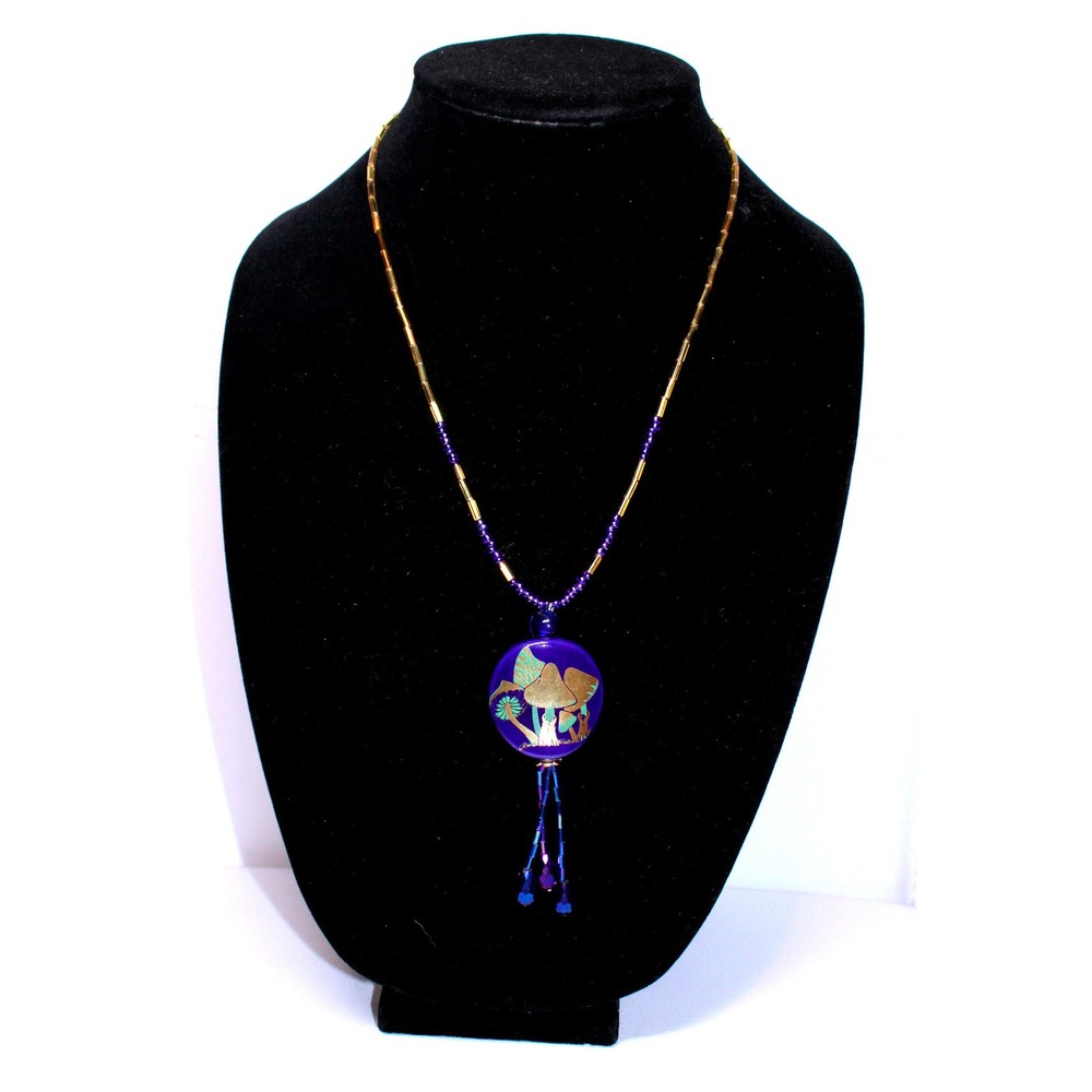 handcrafted mushroom ceramic pendant necklace cobalt blue gold beaded tassel 20"
